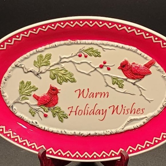 Fitz & Floyd Winterberry " Warm Holiday Wishes " 13" Oval Serving Tray Platter - Picture 5 of 7